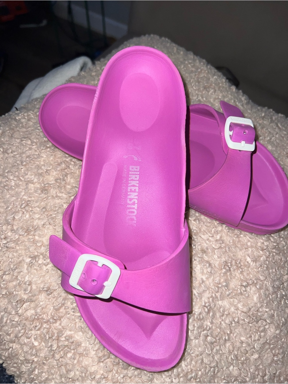 Birkenstock Hot Pink EVA Slide Sandals with White Buckle